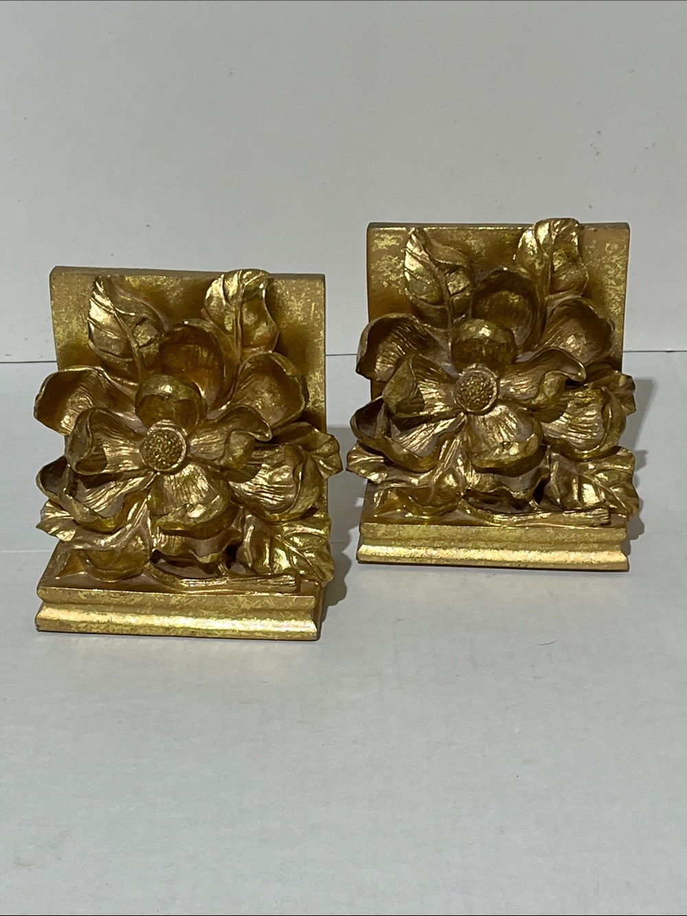 VTG 1995 Ornate Gold Floral Bookends Solid 5”x6”